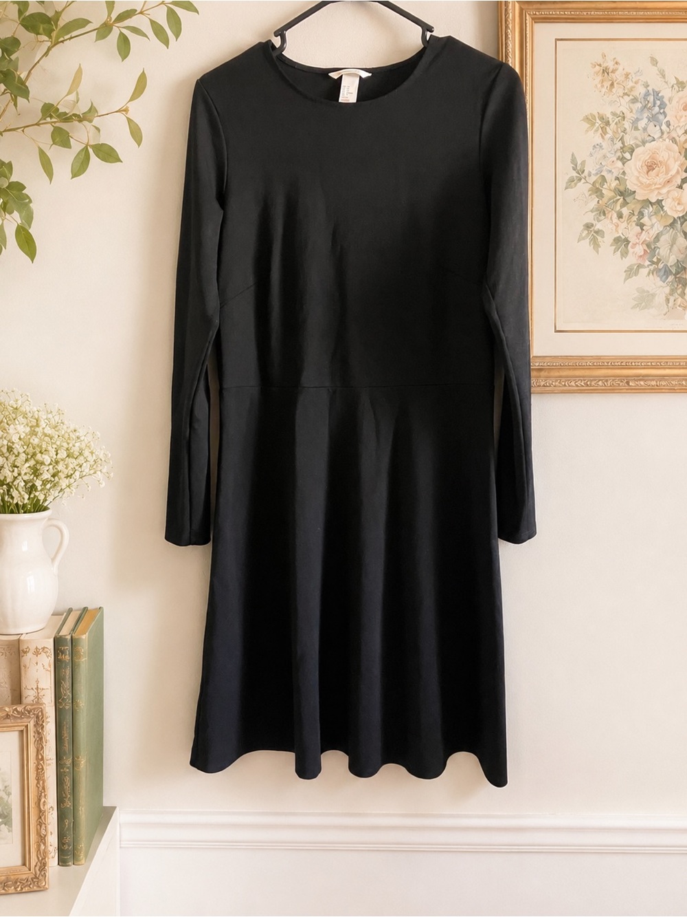 H&M Black Fit & Flare Long Sleeve Dress Size M Classic Midi Minimalist